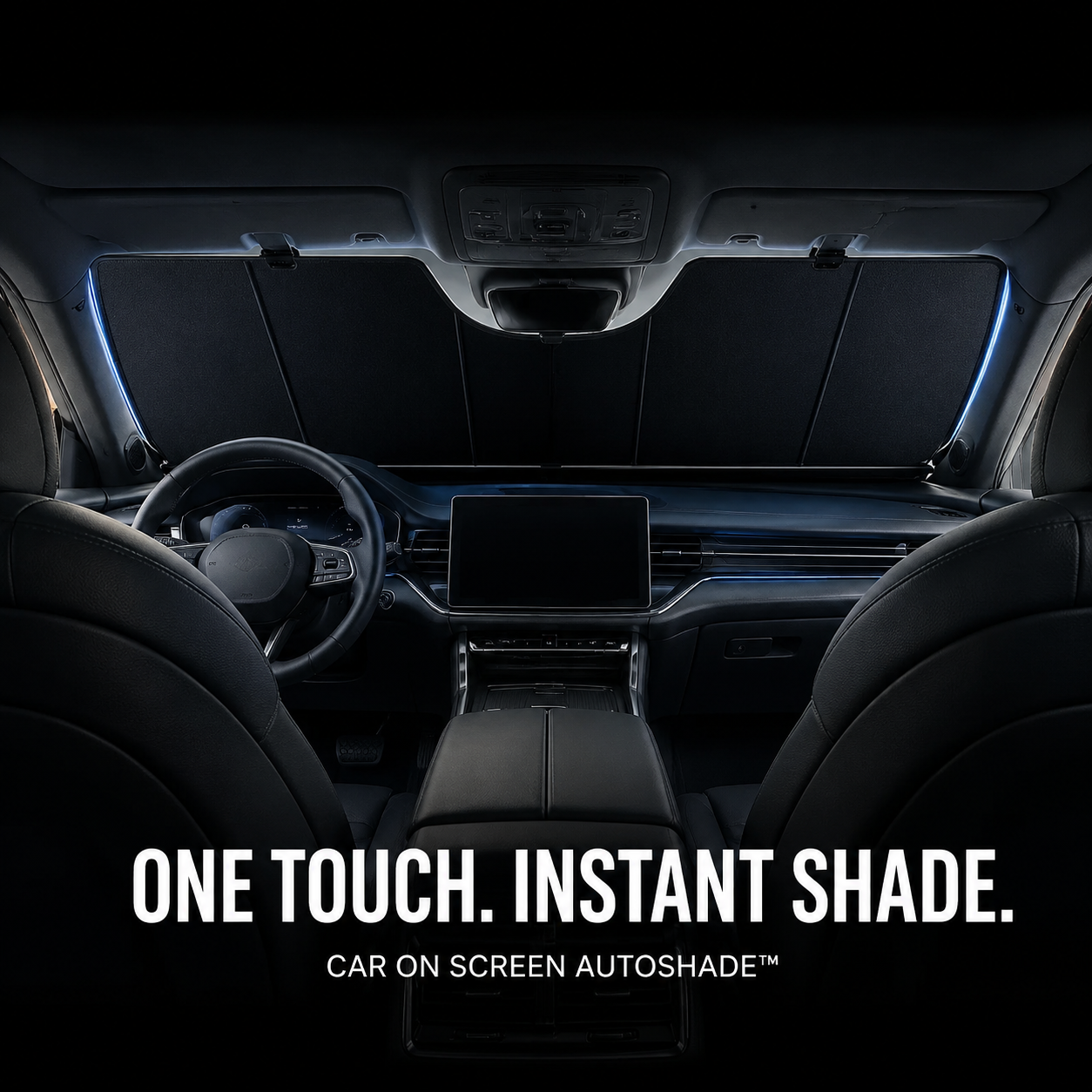 Car On Screen AutoShade deployed across a vehicle windshield