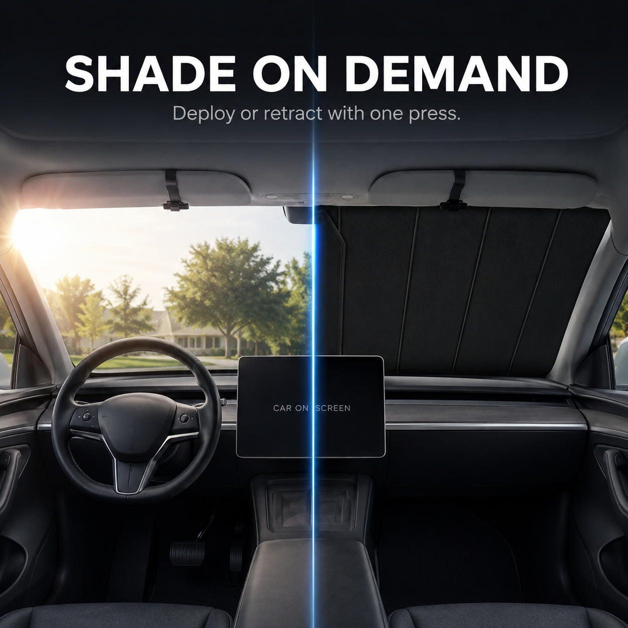 Motorized windshield shade shown retracted and deployed