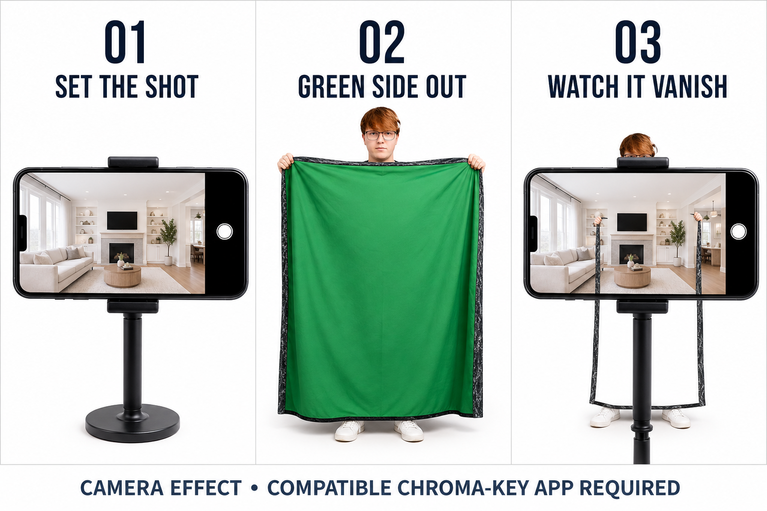 Three steps showing how to create the Invisible Cloak camera effect